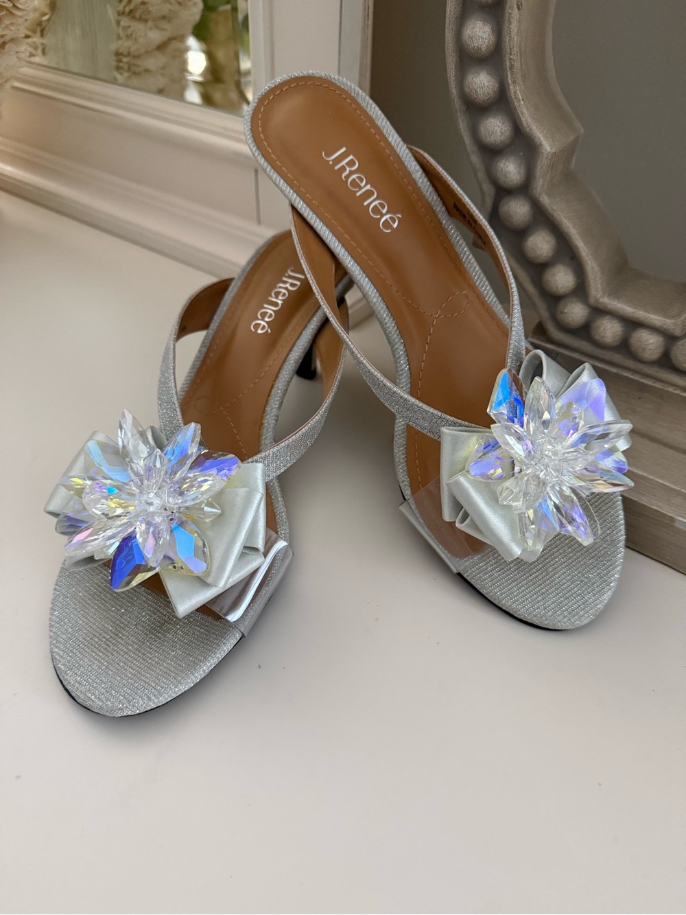 J.Renee Silver Iridescent Crystal Flower Slingback Mules